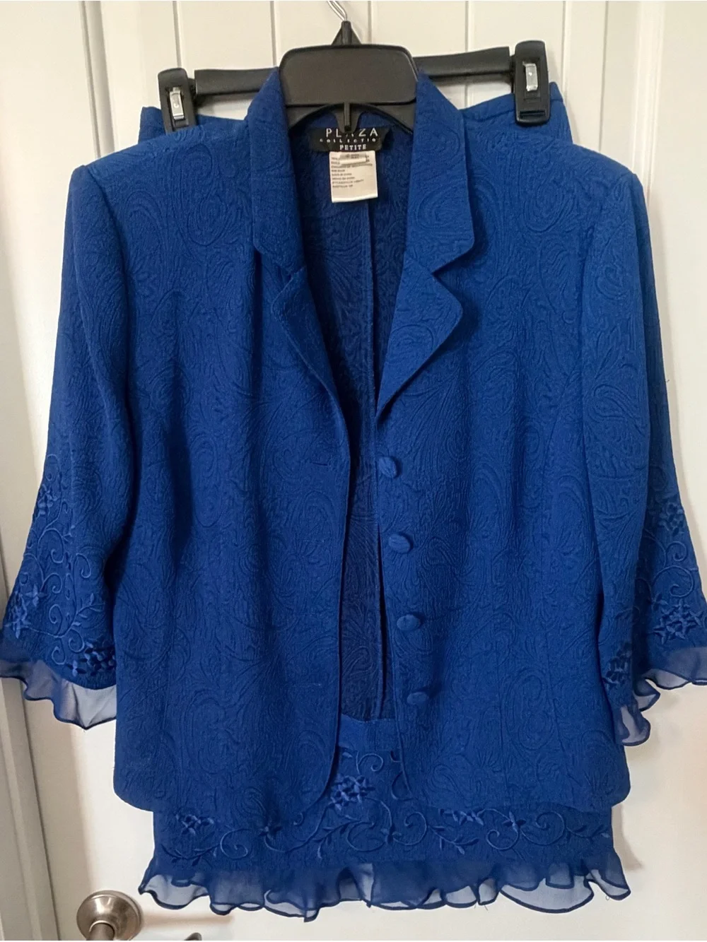 Women's Royal Blue Embroidered Jacket & Skirt Set Chiffon Trim